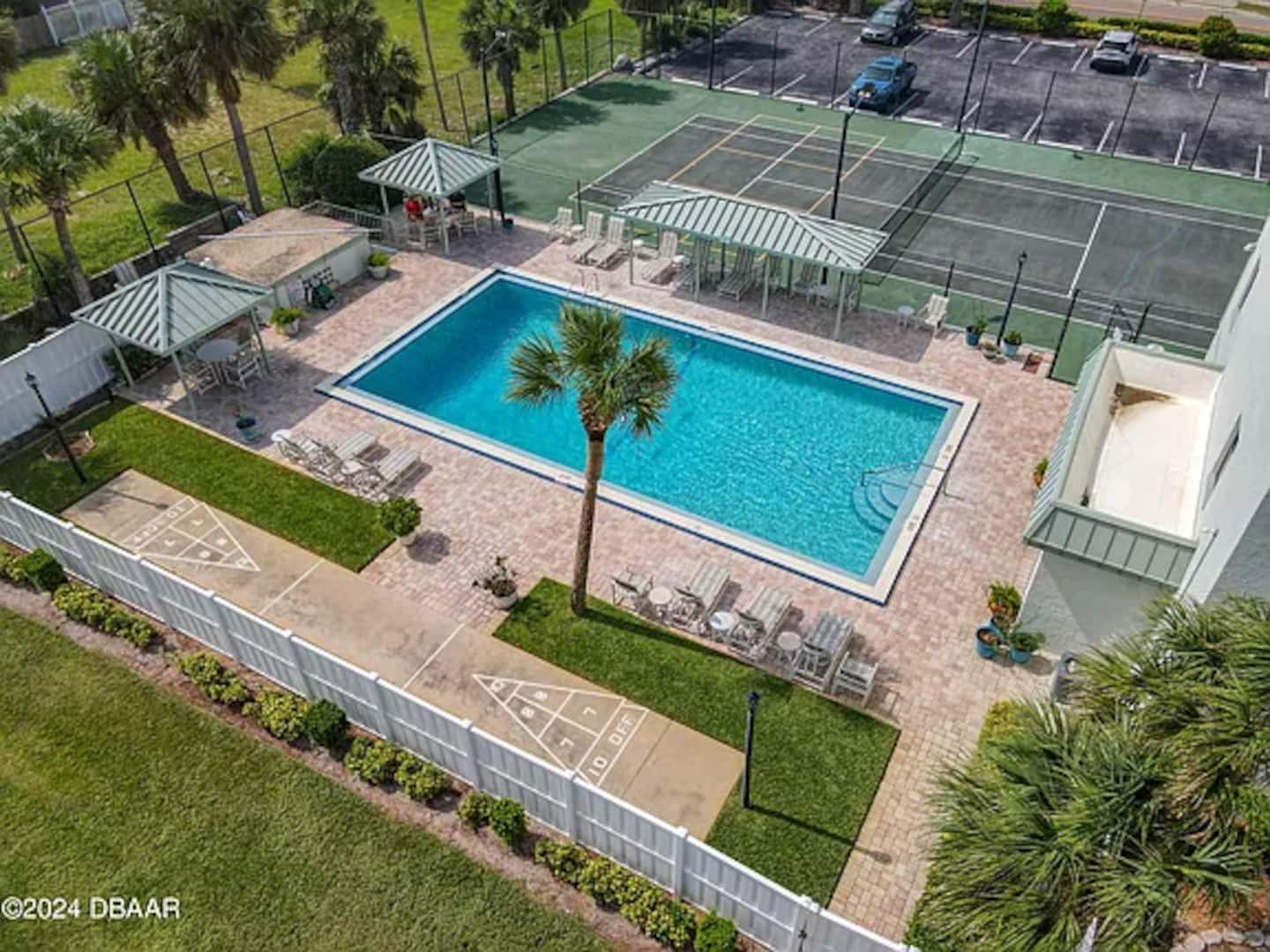 Pool and tennis courts from above